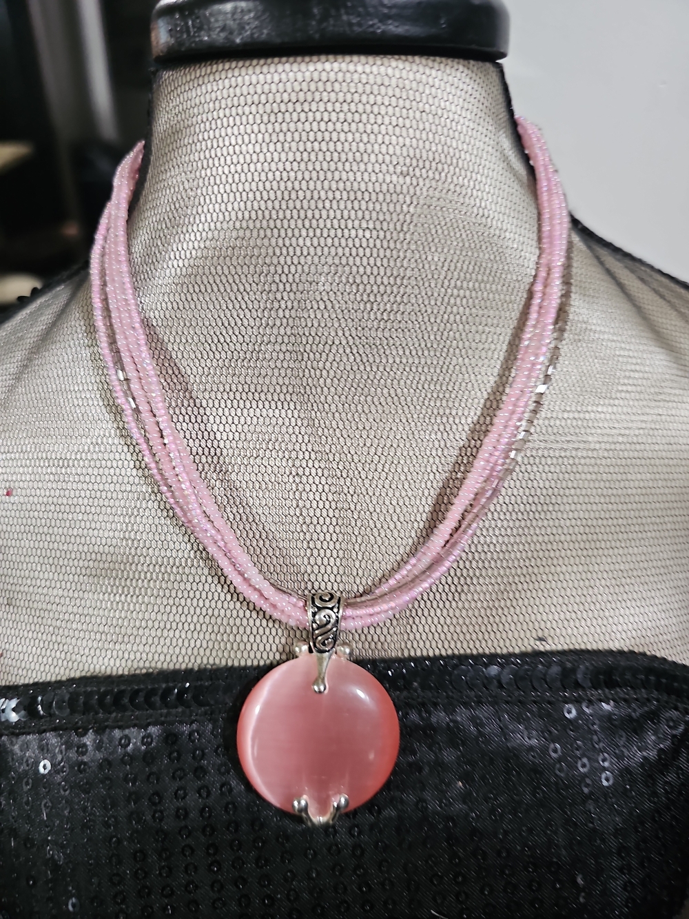 Pink Beaded Multi-Strand Necklace with Pink Round Pendant
